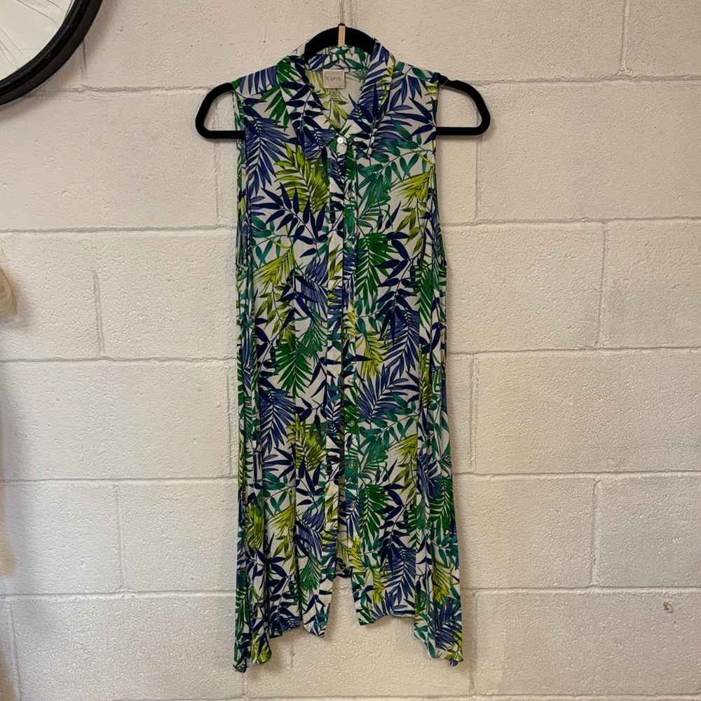 Cupio XL Leaf Print Maxi Duster in Blue, Green & White